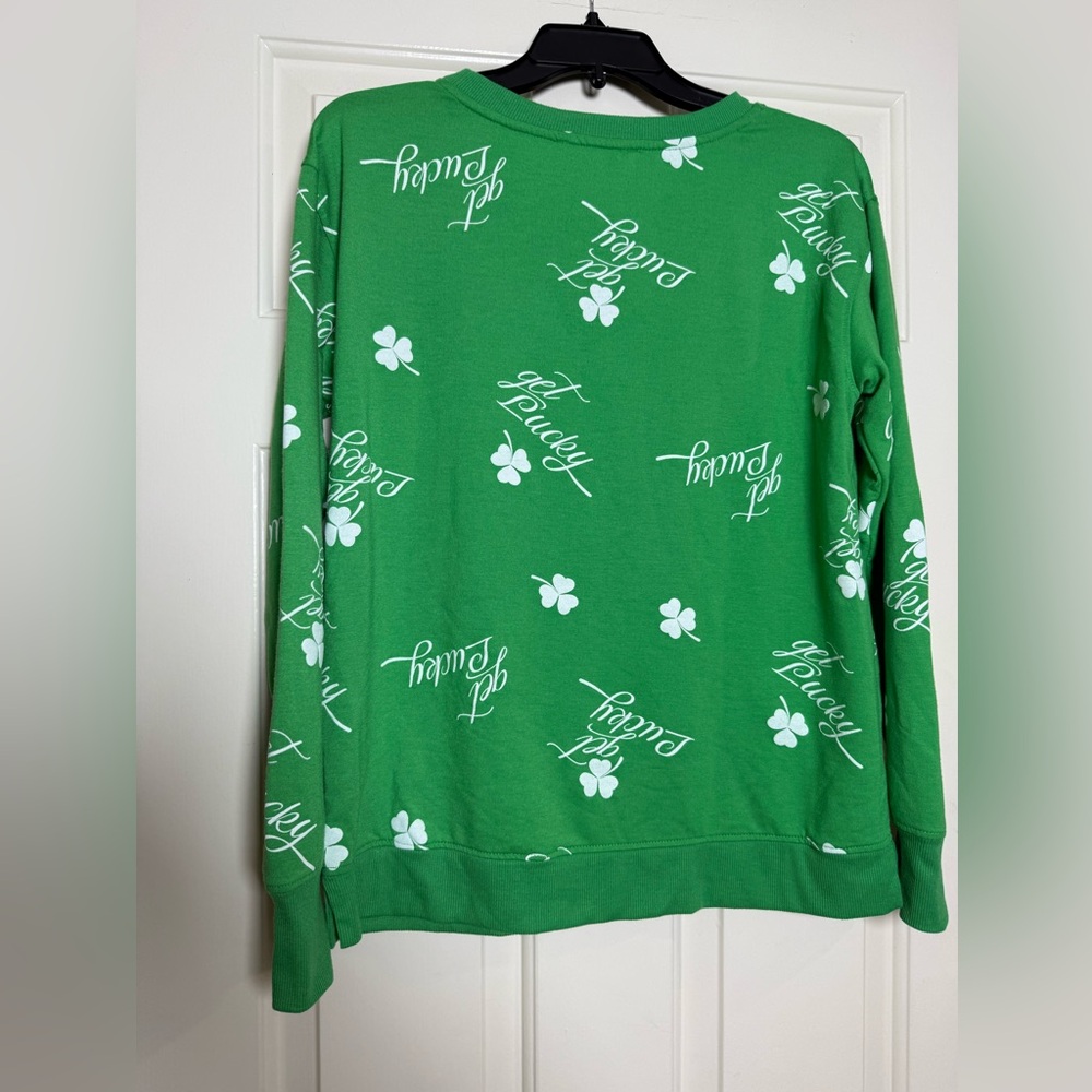 Jane & Delancey St. Patrick's Day themed crewneck sweatshirt green get lucky top - Picture 2 of 6